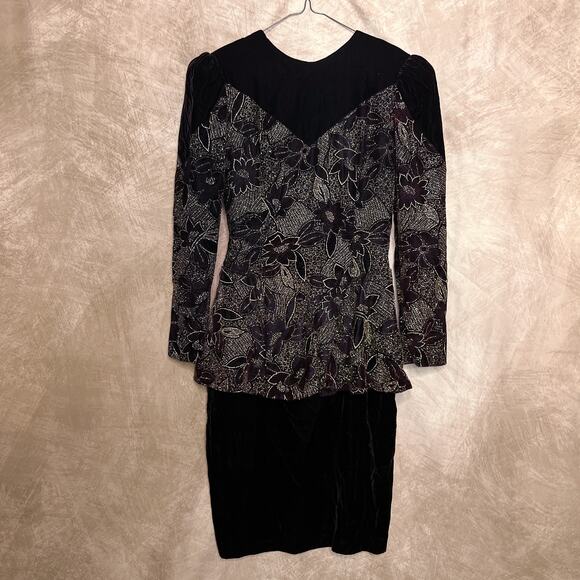 Vintage 90s Jessica McClintock Velvet Floral Peplum Dress Leg of Mutton Sleeve - Picture 4 of 10